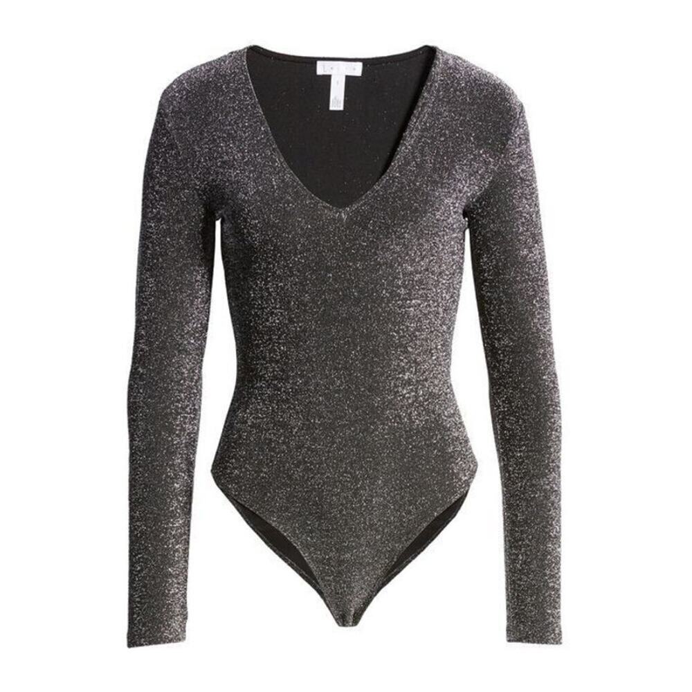 Leith Silver Metallic V-Neck Long Sleeve Bodysuit Size M Sparkle Party Top - Picture 2 of 7